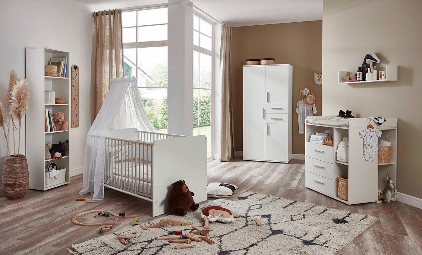 moebel-dich-auf Babyzimmer-Komplettset ALIYA 4, (in weiß, Babybett + Wickelkommode + Unterbauregal-Set + Kleiderschrank + Regal), optional mit Matratze, Umbauseiten-Set oder Textil-Set von moebel-dich-auf