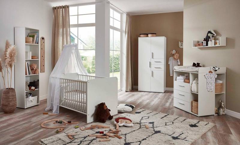 moebel-dich-auf Babymöbel-Set ALIYA 4, (in weiß, Babybett + Wickelkommode + Unterbauregal-Set + Kleiderschrank + Regal), optional mit Matratze, Umbauseiten-Set oder Textil-Set von moebel-dich-auf