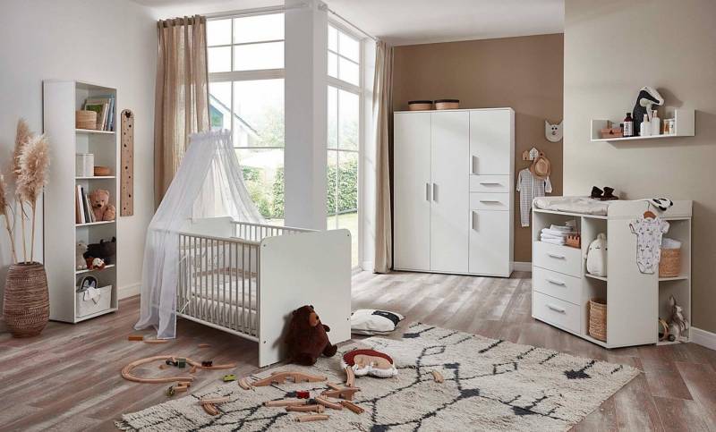 moebel-dich-auf Babymöbel-Set ALIYA 8, (in weiß, Babybett + Wickelkommode + Unterbauregal-Set + Kleiderschrank + Regal), optional mit Matratze, Umbauseiten-Set oder Textil-Set von moebel-dich-auf