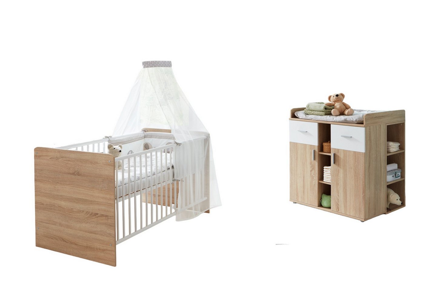 moebel-dich-auf Babyzimmer-Komplettset ELISA 6, (Babyzimmer Kinderzimmer, Babybett + Wickelkommode + Unterbauregal), optional mit Matratze und Umbauseiten-Set von moebel-dich-auf