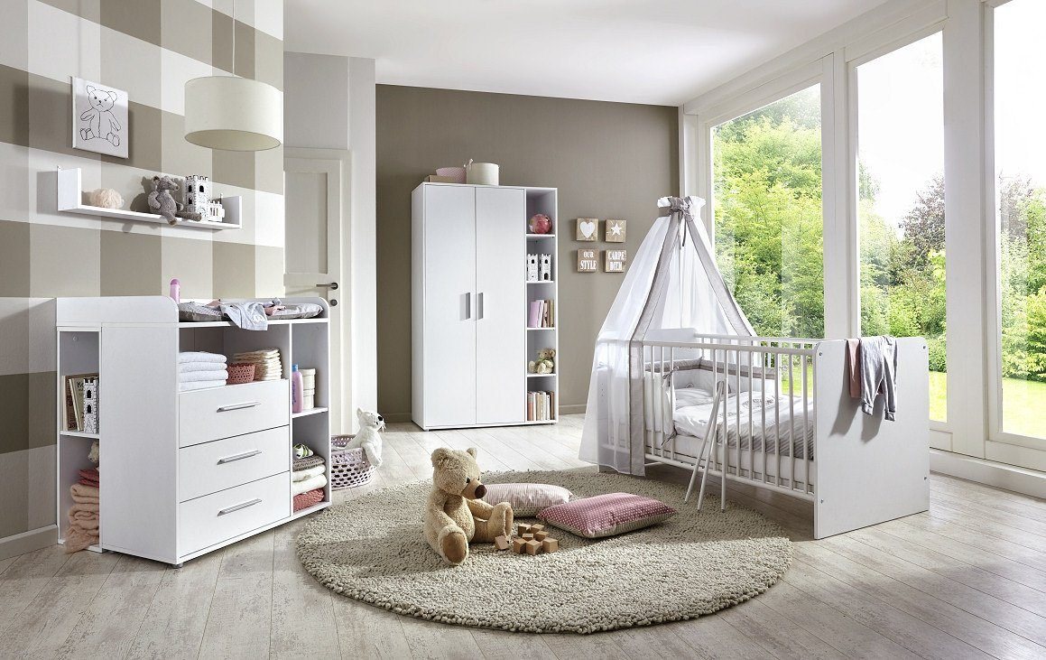 moebel-dich-auf Babyzimmer-Komplettset KIM 2, (in weiß, Babybett + Wickelkommode + Kleiderschrank + Unterbauregal-Set), optional mit Matratze, Umbauseiten-Set oder Textil-Set von moebel-dich-auf