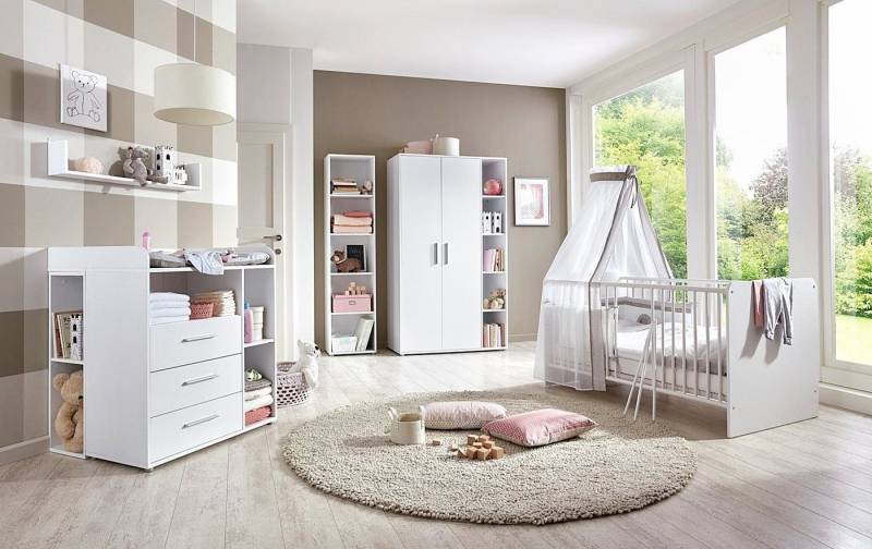 moebel-dich-auf Babyzimmer-Komplettset KIM 4, (in weiß, Bett + Wickelkommode + Unterbauregal+ Schrank + Regal), optional mit Matratze, Umbauseiten-Set oder Textil-Set von moebel-dich-auf