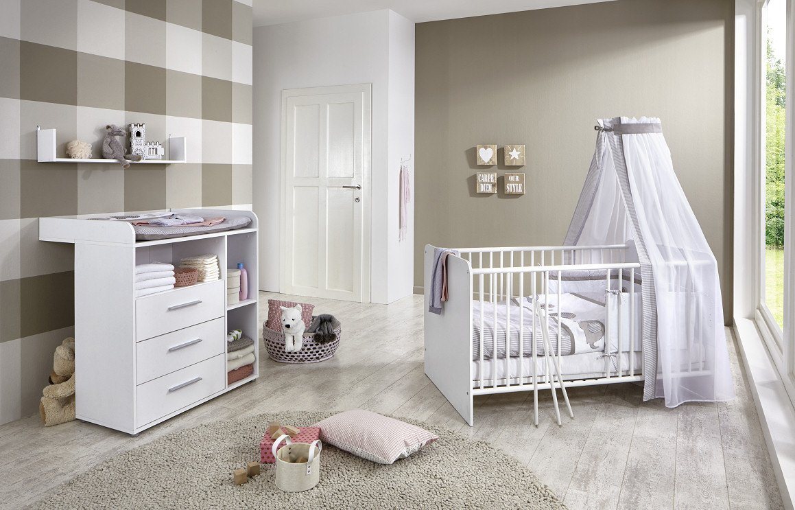 moebel-dich-auf Babyzimmer-Komplettset KIM 5, (in weiß, Babybett + Wickelkommode), optional mit Matratze, Umbauseiten-Set oder Textil-Set von moebel-dich-auf