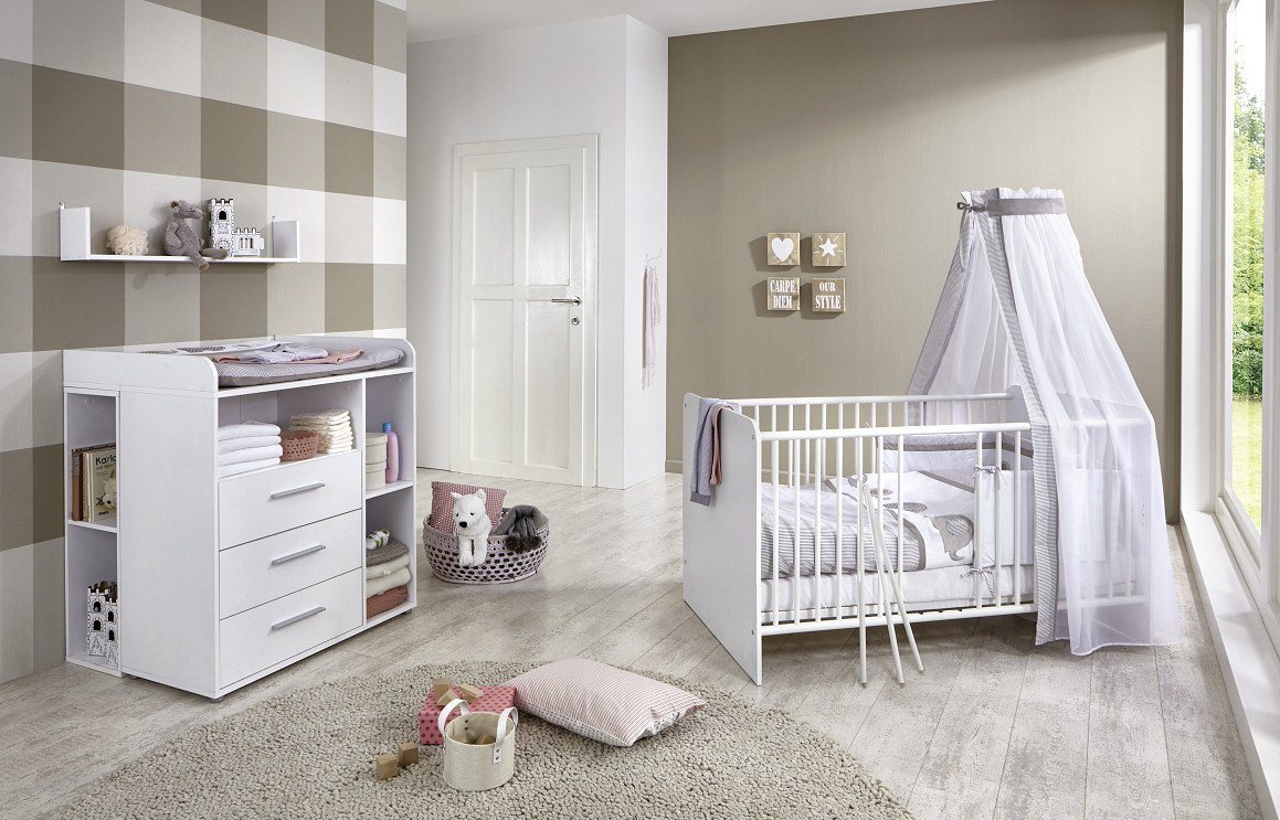 moebel-dich-auf Babyzimmer-Komplettset KIM 6, (in weiß, Babybett + Wickelkommode + Unterbauregal-Set), optional mit Matratze, Umbauseiten-Set oder Textil-Set von moebel-dich-auf