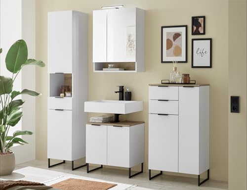 moebel-dich-auf Badezimmer Badmöbel Aspen 60 cm Weiß matt Hochschrank Spiegelschrank Wbu Highboard Set 1 von moebel-dich-auf