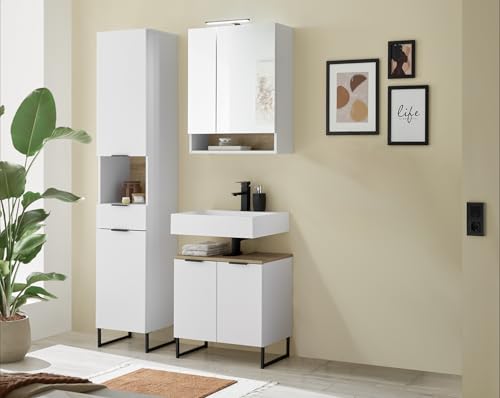 moebel-dich-auf Badezimmer Badmöbel Aspen 60 cm Weiß matt Hochschrank Spiegelschrank Wbu Set 2 von moebel-dich-auf