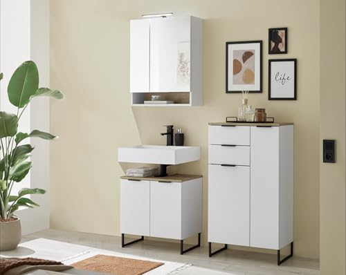 moebel-dich-auf Badezimmer Badmöbel Aspen 60 cm Weiß matt Spiegelschrank Wbu Highboard Set 3 von moebel-dich-auf