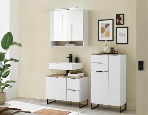 moebel-dich-auf Badezimmer Badmöbel Aspen 80 cm Weiß matt Spiegelschrank Wbu Highboard Set 3 von moebel-dich-auf