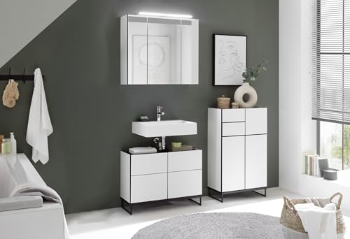 moebel-dich-auf Badezimmer Badmöbel Vegas 80 cm Weiß matt Spiegelschrank Wbu Highboard Set 3 von moebel-dich-auf