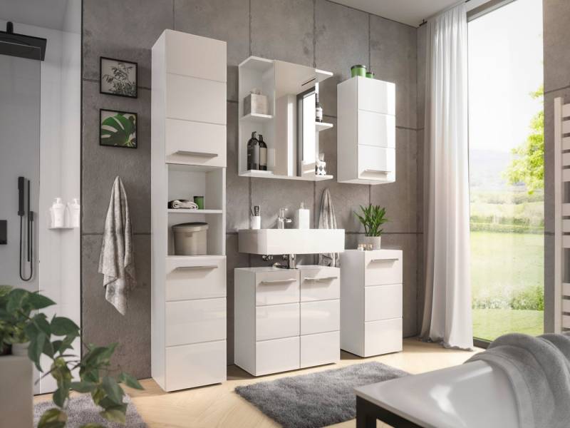 moebel-dich-auf Badmöbel-Set MANDY, (Set 1, 5-St., Hochschrank, Spiegelschrank, Wbu, Hängeschrank, Kommode), Fronten in weiß Hochglanz von moebel-dich-auf