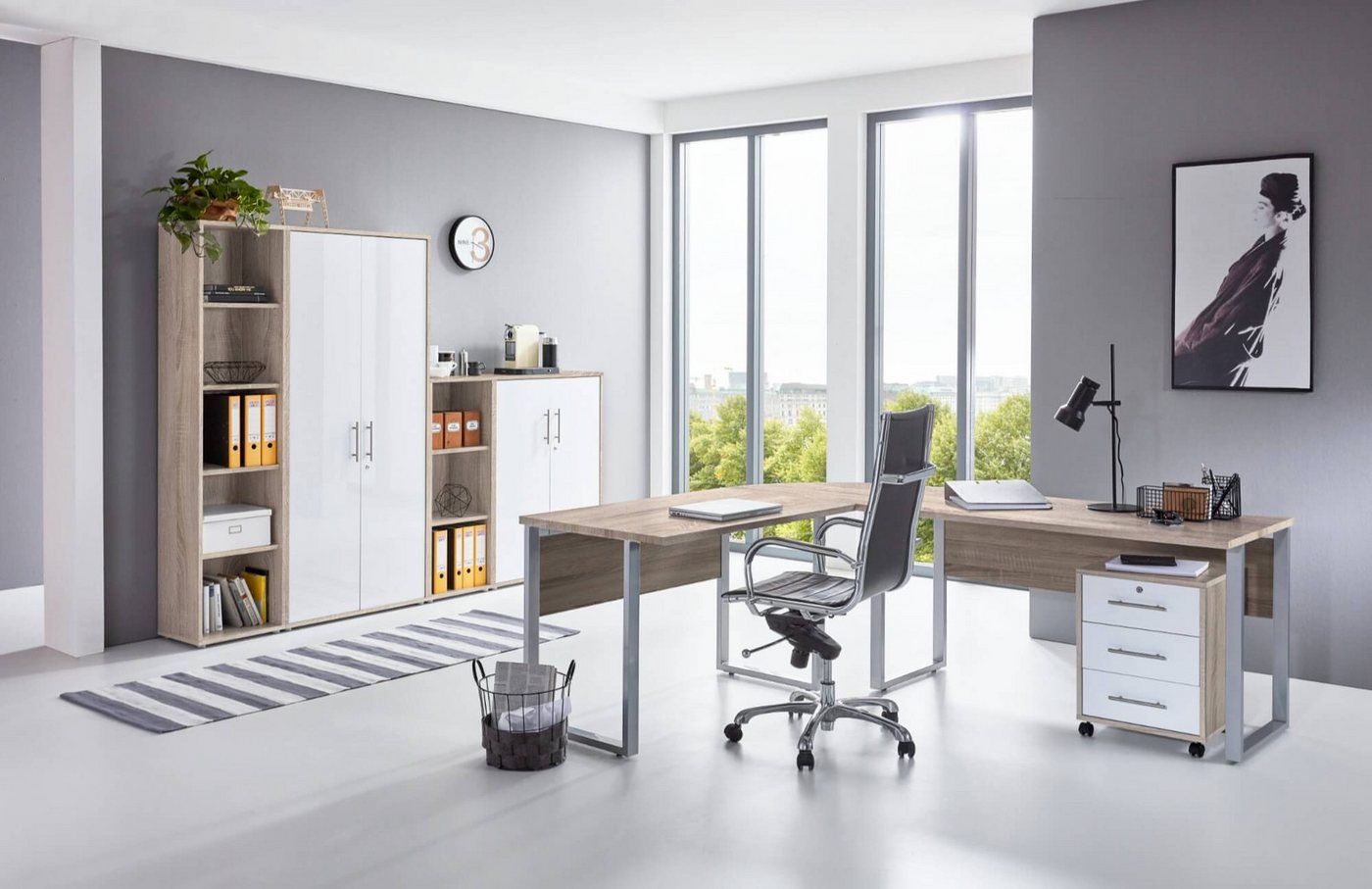 moebel-dich-auf Büromöbel-Set OFFICE EDITION, (abschließbar, 6-tlg., Set 4 + Winkelschreibtisch + Rollcontainer + Aktenschränke), abschließbare Büroschränke von moebel-dich-auf