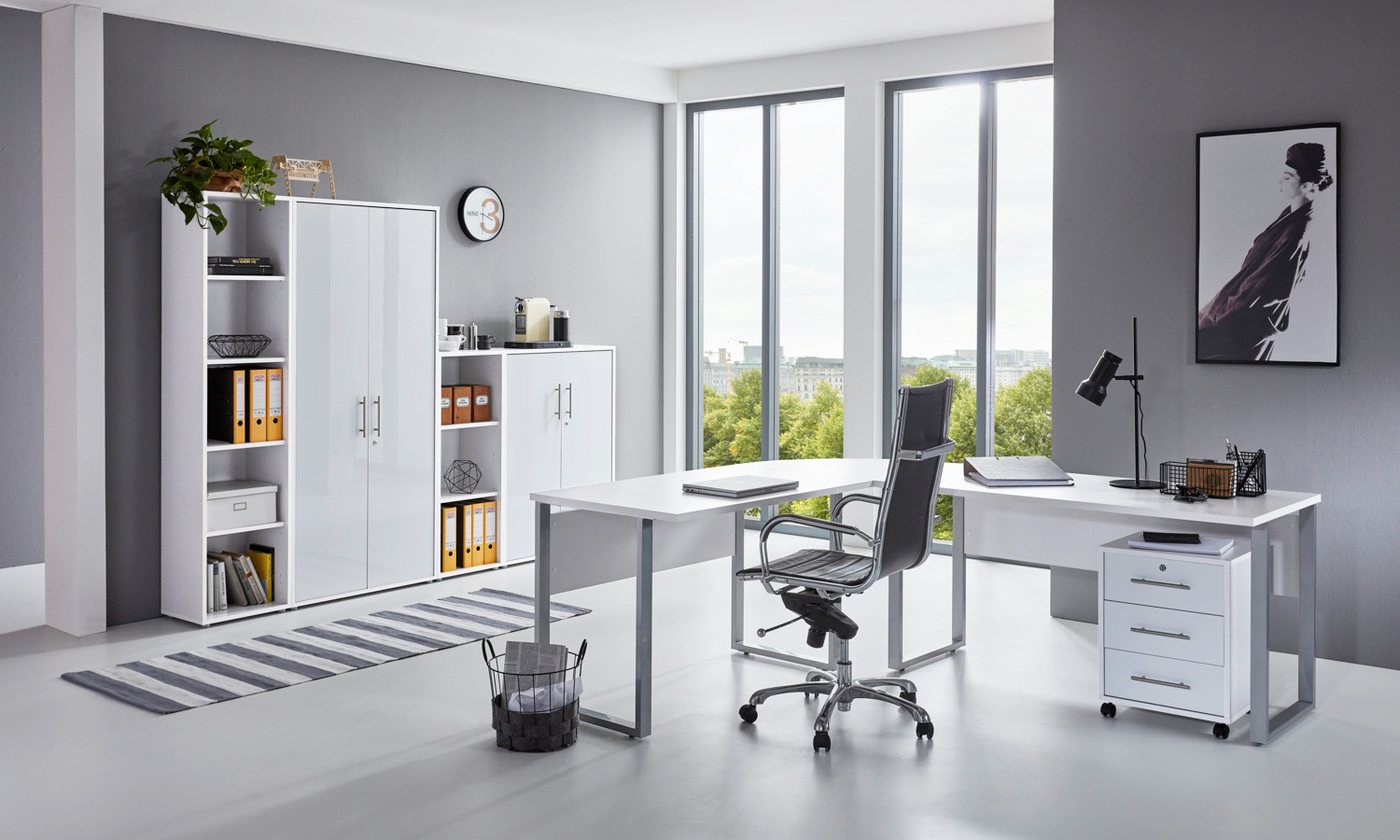 moebel-dich-auf Büromöbel-Set OFFICE EDITION, (abschließbar, 6-tlg., Set 4 + Winkelschreibtisch + Rollcontainer + Aktenschränke), abschließbare Büroschränke von moebel-dich-auf