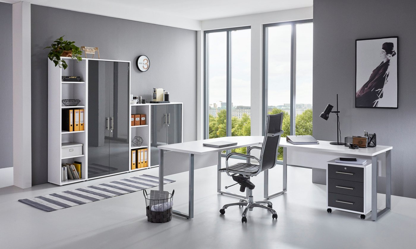 moebel-dich-auf Büromöbel-Set OFFICE EDITION, (abschließbar, 6-tlg., Set 4 + Winkelschreibtisch + Rollcontainer + Aktenschränke), abschließbare Büroschränke von moebel-dich-auf