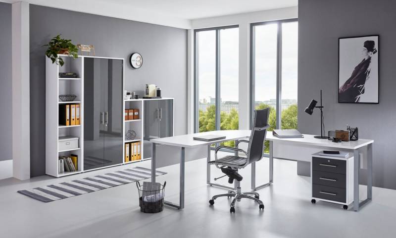 moebel-dich-auf Büromöbel-Set OFFICE EDITION, (abschließbar, 6-tlg., Set 4 + Winkelschreibtisch + Rollcontainer + Aktenschränke), abschließbare Büroschränke von moebel-dich-auf