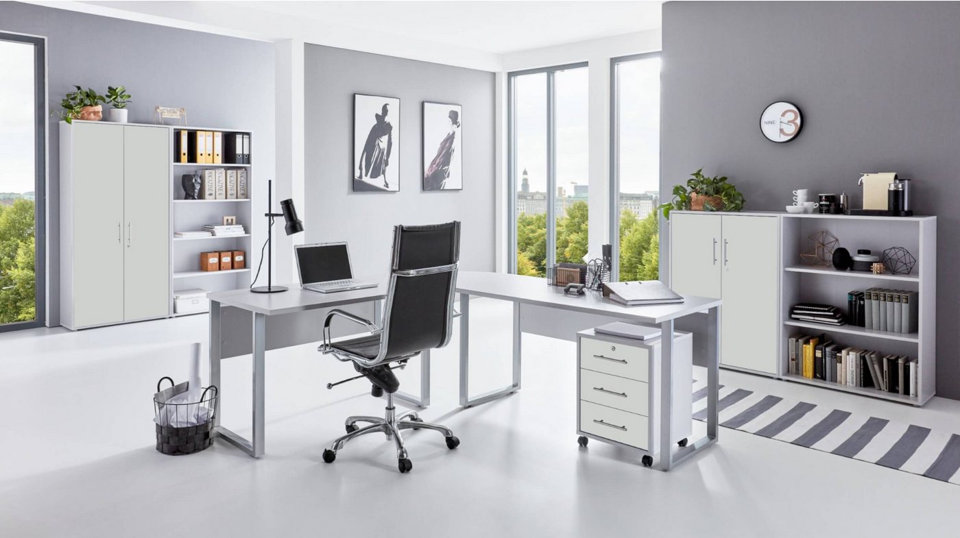 moebel-dich-auf Büromöbel-Set OFFICE EDITION Set 1, (abschließbar, 7-tlg., Schreibtisch + Rollcontainer + Aktenschränke + Regale), Hochglanz lackierte Fronten mit Metallgriffen von moebel-dich-auf