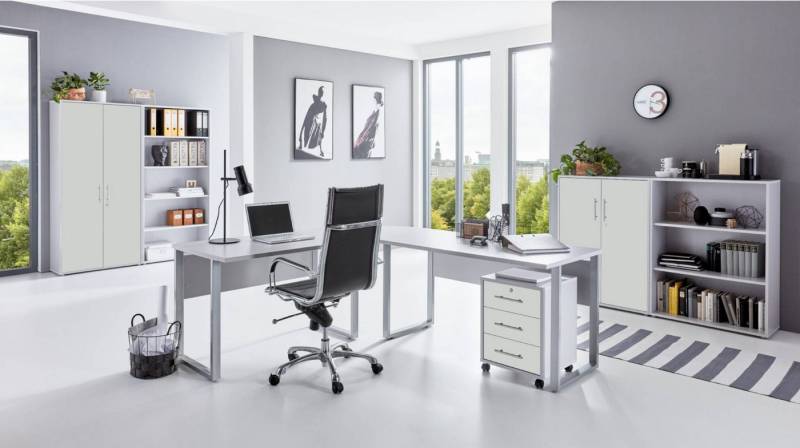 moebel-dich-auf Büromöbel-Set OFFICE EDITION Set 1, (abschließbar, 7-tlg., Schreibtisch + Rollcontainer + Aktenschränke + Regale), Hochglanz lackierte Fronten mit Metallgriffen von moebel-dich-auf