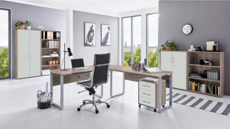 moebel-dich-auf Büromöbel-Set OFFICE EDITION Set 1, (abschließbar, 7-tlg., Schreibtisch + Rollcontainer + Aktenschränke + Regale), Hochglanz lackierte Fronten mit Metallgriffen von moebel-dich-auf