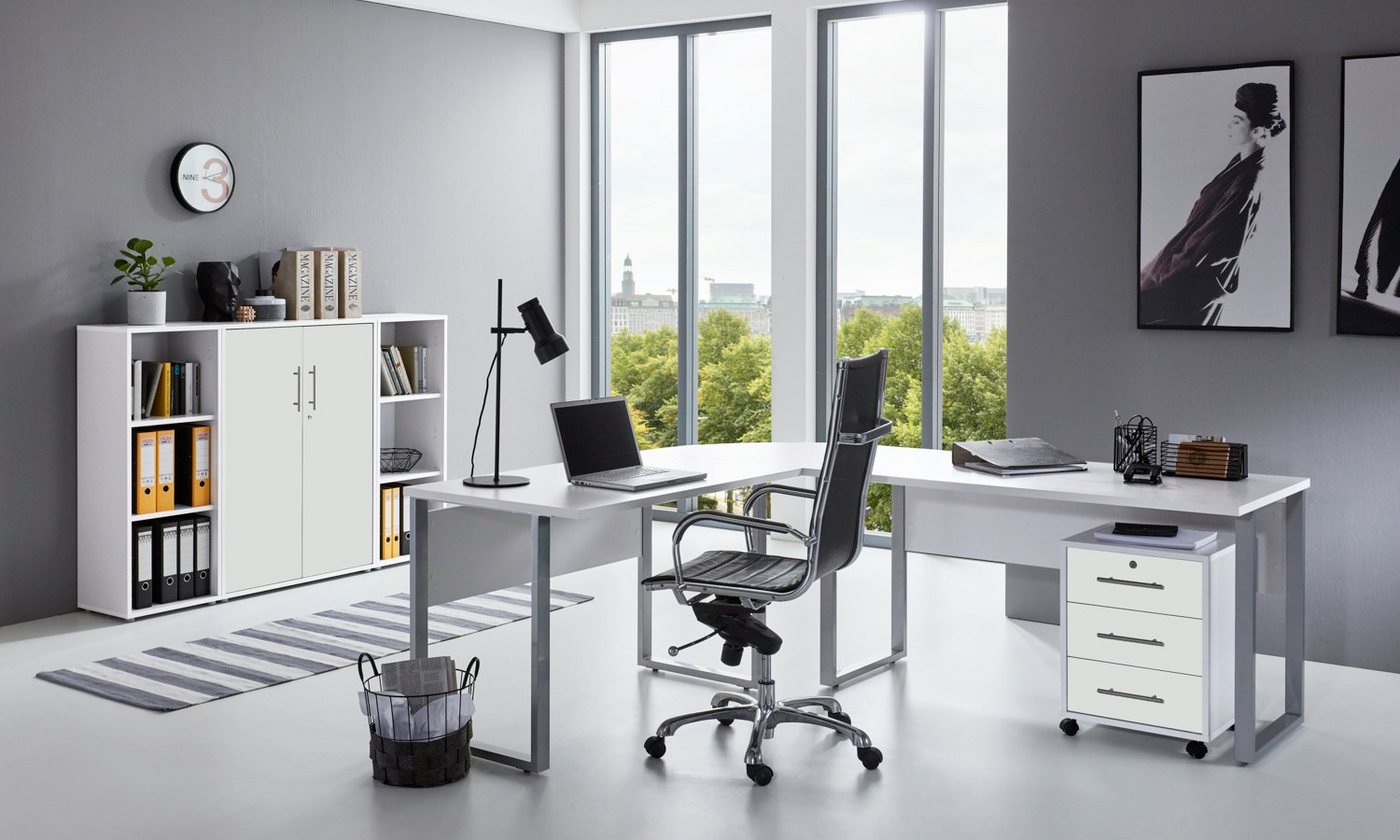 moebel-dich-auf Büromöbel-Set OFFICE EDITION Set 2, (Aktenschränke abschließbar, 5-tlg., Set 2 Winkelschreibtisch + Rollcontainer + Highboard + Aktenregale), Hochglanz lackierte Fronten, Metallgriffe von moebel-dich-auf