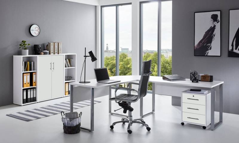 moebel-dich-auf Büromöbel-Set OFFICE EDITION Set 2, (Aktenschränke abschließbar, 5-tlg., Set 2 Winkelschreibtisch + Rollcontainer + Highboard + Aktenregale), Hochglanz lackierte Fronten, Metallgriffe von moebel-dich-auf