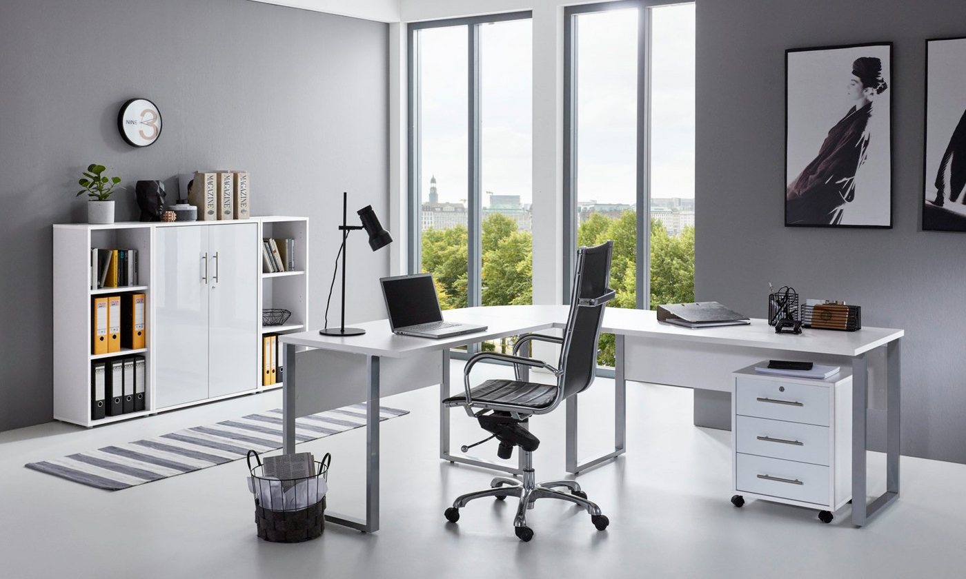 moebel-dich-auf Büromöbel-Set OFFICE EDITION Set 2, (Aktenschränke abschließbar, 5-tlg., Set 2 Winkelschreibtisch + Rollcontainer + Highboard + Aktenregale), Hochglanz lackierte Fronten, Metallgriffe von moebel-dich-auf