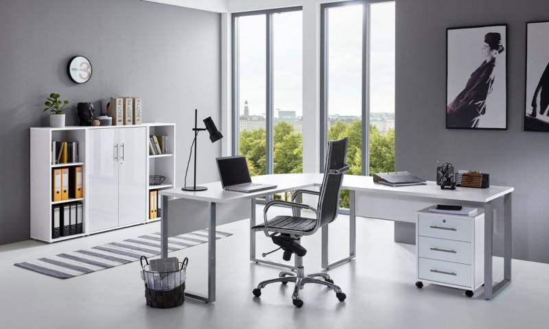 moebel-dich-auf Büromöbel-Set OFFICE EDITION Set 2, (Aktenschränke abschließbar, 5-tlg., Set 2 Winkelschreibtisch + Rollcontainer + Highboard + Aktenregale), Hochglanz lackierte Fronten, Metallgriffe von moebel-dich-auf