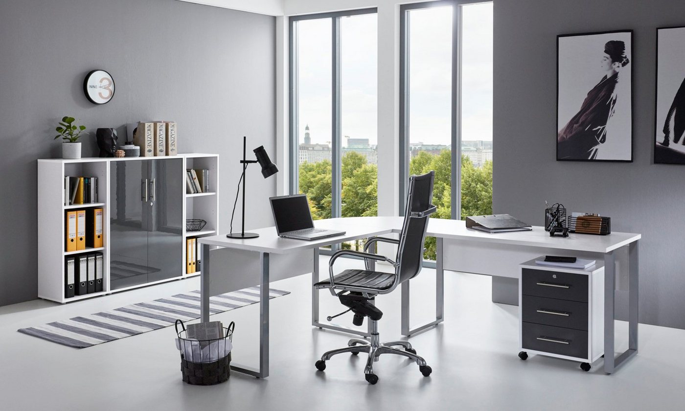 moebel-dich-auf Büromöbel-Set OFFICE EDITION Set 2, (Aktenschränke abschließbar, 5-tlg., Set 2 Winkelschreibtisch + Rollcontainer + Highboard + Aktenregale), Hochglanz lackierte Fronten, Metallgriffe von moebel-dich-auf