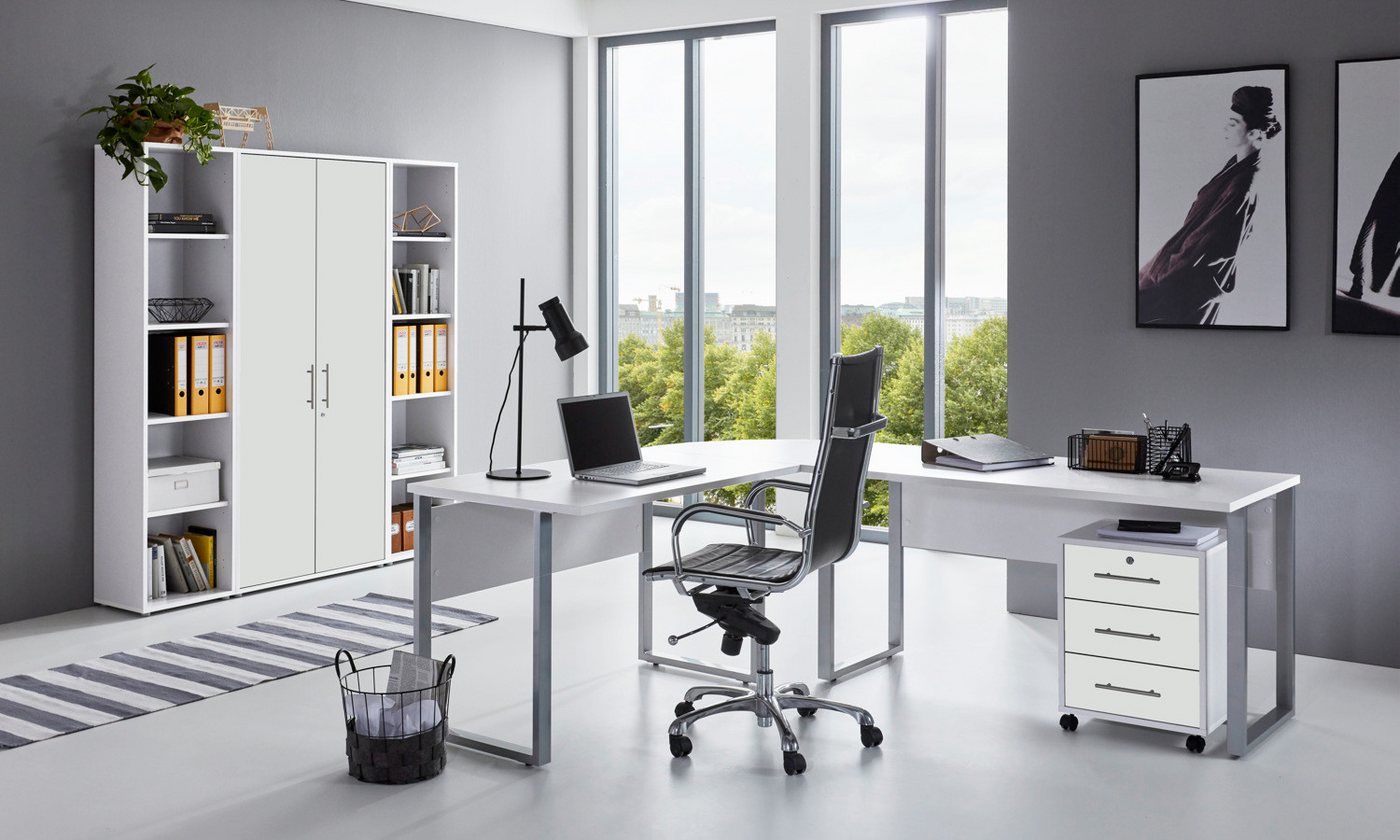moebel-dich-auf Büromöbel-Set OFFICE EDITION Set 3, (Aktenschränke abschließbar, 7-tlg., Winkelschreibtisch + Rollcontainer + Aktenschrank + Aktenregale), Metallgriffe von moebel-dich-auf