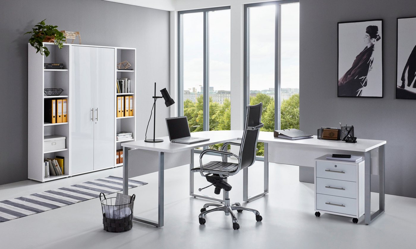 moebel-dich-auf Büromöbel-Set OFFICE EDITION Set 3, (Aktenschränke abschließbar, 7-tlg., Winkelschreibtisch + Rollcontainer + Aktenschrank + Aktenregale), Metallgriffe von moebel-dich-auf
