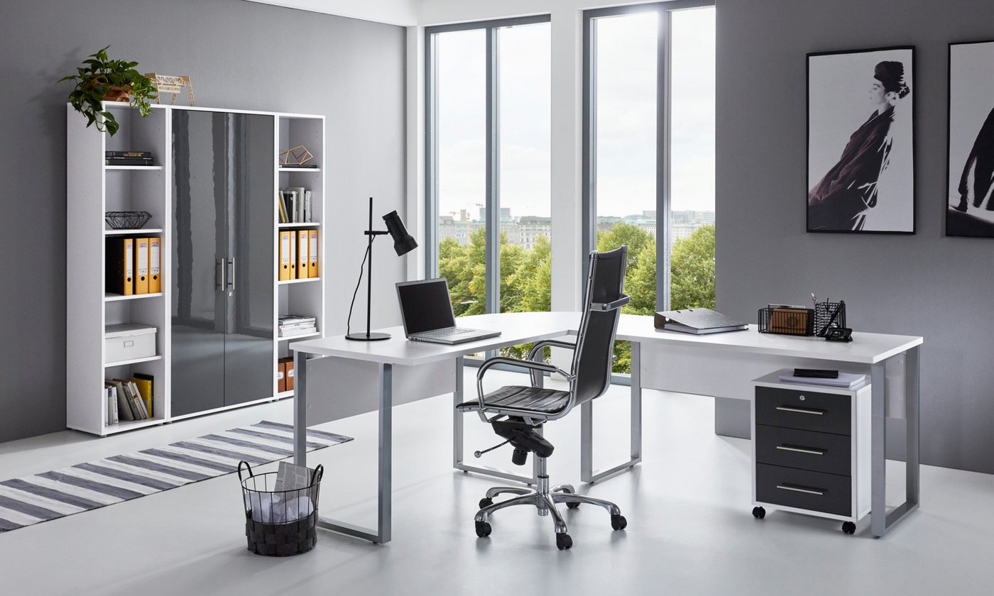 moebel-dich-auf Büromöbel-Set OFFICE EDITION Set 3, (Aktenschränke abschließbar, 7-tlg., Winkelschreibtisch + Rollcontainer + Aktenschrank + Aktenregale), Metallgriffe von moebel-dich-auf