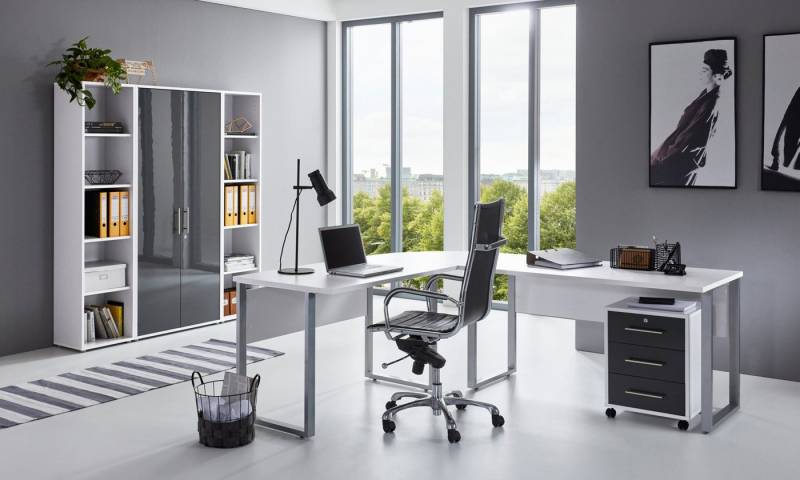 moebel-dich-auf Büromöbel-Set OFFICE EDITION Set 3, (Aktenschränke abschließbar, 7-tlg., Winkelschreibtisch + Rollcontainer + Aktenschrank + Aktenregale), Metallgriffe von moebel-dich-auf