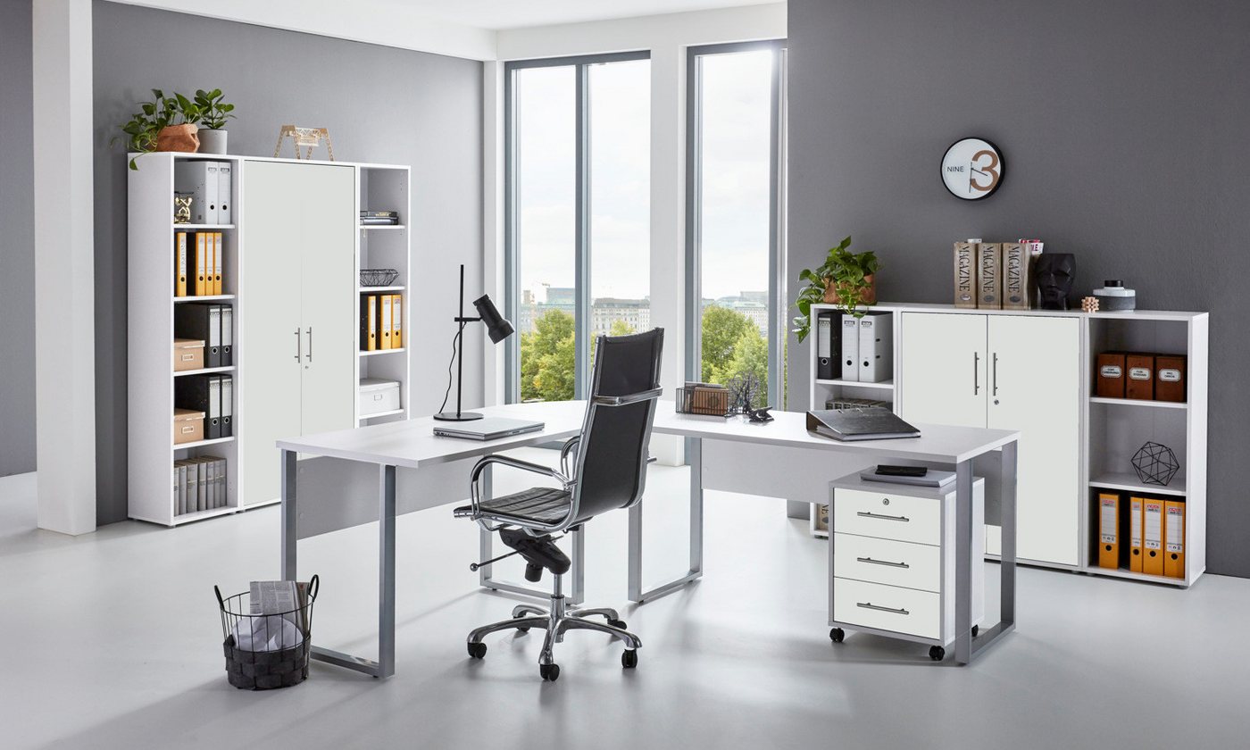 moebel-dich-auf Büromöbel-Set OFFICE EDITION Set 5, (abschließbar, 9-tlg., Schreibtisch + Rollcontainer + Aktenschränke + Regale), Metallgriffe von moebel-dich-auf