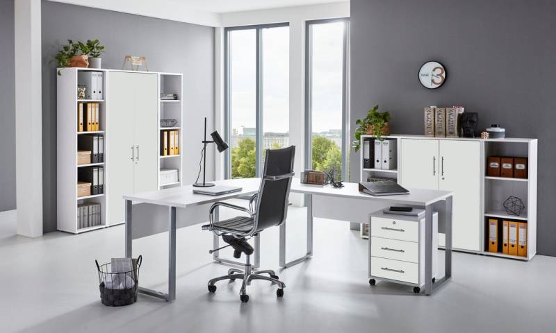 moebel-dich-auf Büromöbel-Set OFFICE EDITION Set 5, (abschließbar, 9-tlg., Schreibtisch + Rollcontainer + Aktenschränke + Regale), Metallgriffe von moebel-dich-auf