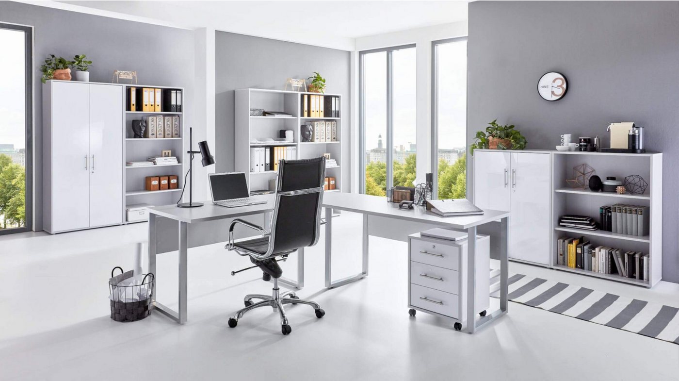 moebel-dich-auf Büromöbel-Set OFFICE EDITION Set 7, (abschließbar, 8-tlg., Schreibtisch + Rollcontainer + Büroschrank + Regale), Metallgriffe von moebel-dich-auf