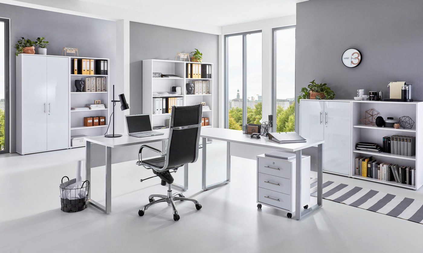 moebel-dich-auf Büromöbel-Set OFFICE EDITION Set 7, (abschließbar, 8-tlg., Schreibtisch + Rollcontainer + Büroschrank + Regale), Metallgriffe von moebel-dich-auf
