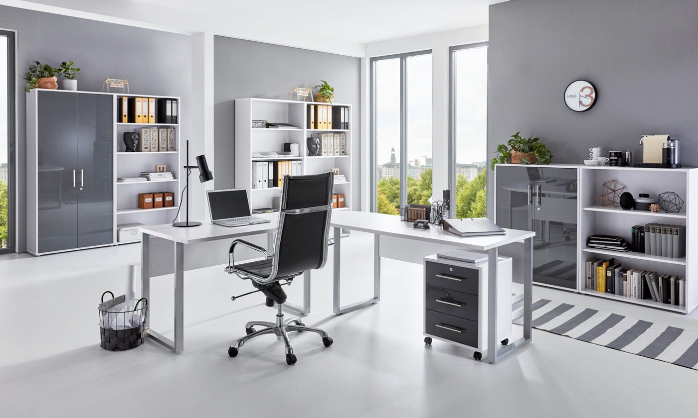 moebel-dich-auf Büromöbel-Set OFFICE EDITION Set 7, (abschließbar, 8-tlg., Schreibtisch + Rollcontainer + Büroschrank + Regale), Metallgriffe von moebel-dich-auf