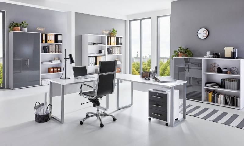 moebel-dich-auf Büromöbel-Set OFFICE EDITION Set 7, (abschließbar, 8-tlg., Schreibtisch + Rollcontainer + Büroschrank + Regale), Metallgriffe von moebel-dich-auf