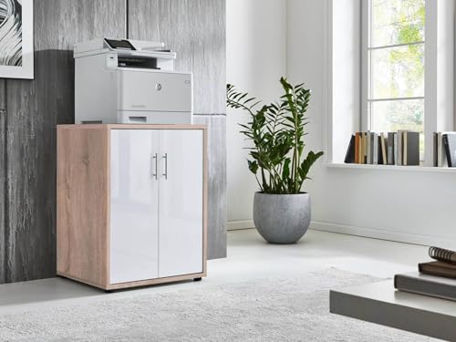 moebel-dich-auf Druckerkommode TABOR Druckerschrank Druckertisch Aktenschrank 2-türig (BxHxT) 54x74x52 cm (Eiche Sonoma/weiß Hochglanz) von moebel-dich-auf