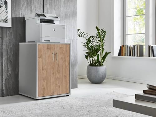 moebel-dich-auf Druckerkommode TABOR Druckerschrank Druckertisch Aktenschrank 2-türig (BxHxT) 54x74x52 cm (lichtgrau/Gold Harbor Oak) von moebel-dich-auf