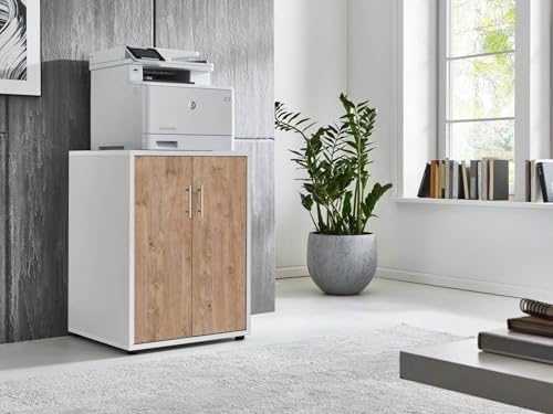 moebel-dich-auf Druckerkommode TABOR Druckerschrank Druckertisch Aktenschrank 2-türig (BxHxT) 54x74x52 cm (weiß/Gold Harbor Oak) von moebel-dich-auf
