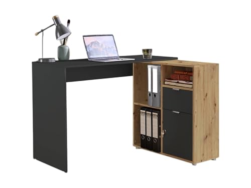 moebel-dich-auf Eckschreibtisch LUIZ Schreibtisch Winkelschreibtisch inkl. Regal spiegelverkehrt montierbar 110 cm breit (anthrazit/Artisan Eiche Nb.) von moebel-dich-auf