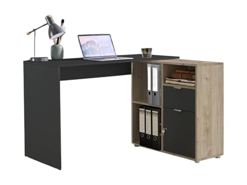 moebel-dich-auf Eckschreibtisch LUIZ Schreibtisch Winkelschreibtisch inkl. Regal spiegelverkehrt montierbar 110 cm breit (anthrazit/Jackson Hickory) von moebel-dich-auf