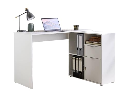 moebel-dich-auf Eckschreibtisch LUIZ Schreibtisch Winkelschreibtisch inkl. Regal spiegelverkehrt montierbar 110 cm breit (weiß) von moebel-dich-auf
