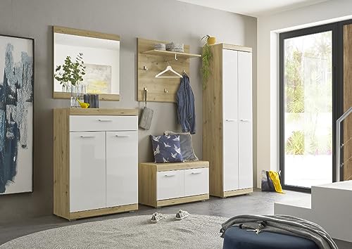 moebel-dich-auf Flur Garderobe Garderoben-Set NOVA 5-TLG. in Artisan Eiche Nb. / Weiß Hochglanz 255 x 195 x 38 cm von moebel-dich-auf