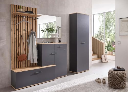 moebel-dich-auf Garderoben-Set Como Flurgarderobe Paneel + Schuhschrank + Spiegel in anthrazit/Artisan Eiche Nb. (Garderoben-Set + Hochschrank) von moebel-dich-auf