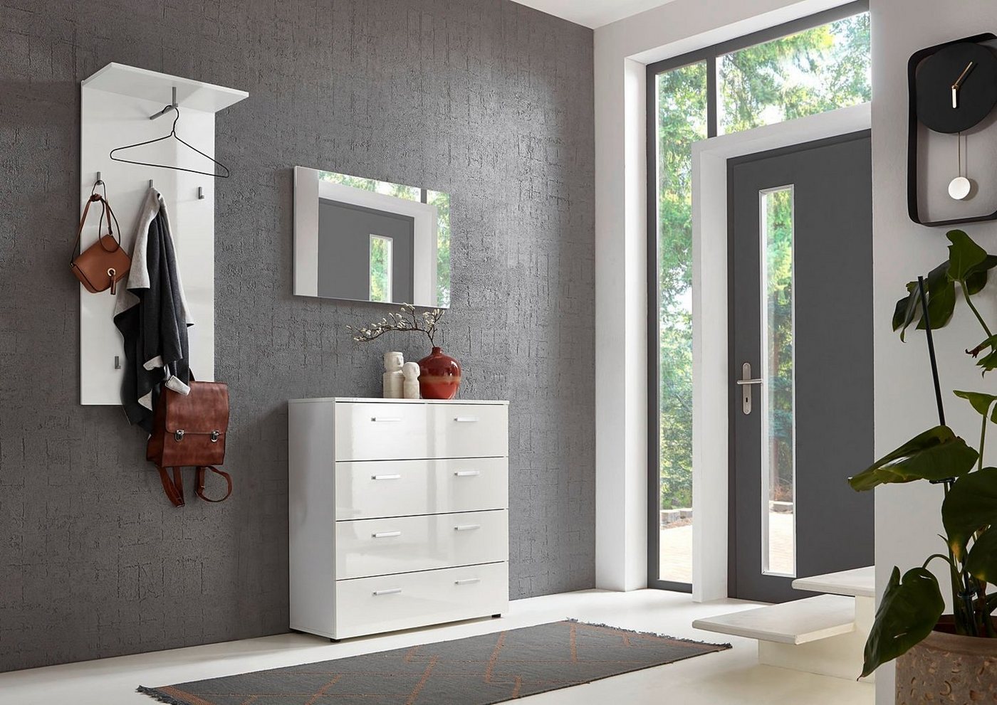 moebel-dich-auf Garderoben-Set MALAGA, (Set 2, Garderobenpaneel + Spiegel + Schubkastenkommode), in verschiedenen Varianten von moebel-dich-auf