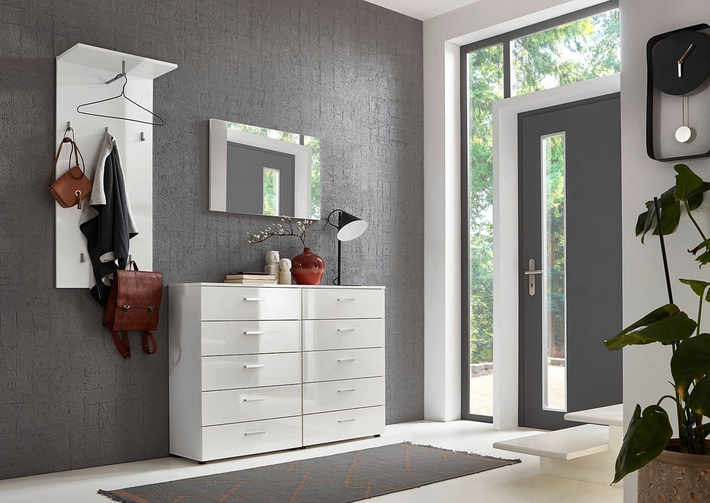 moebel-dich-auf Garderoben-Set MALAGA, (Set 9, Garderobenpaneel + Spiegel + 2x Kommode), in verschiedenen Varianten von moebel-dich-auf