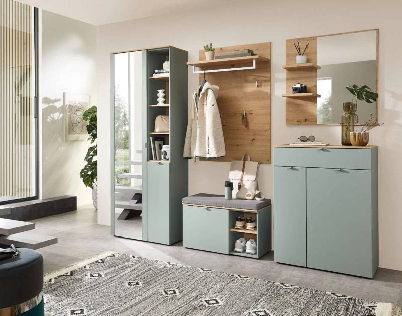 moebel-dich-auf Garderoben-Set PESCARA, (Komplett-Set, Garderobenschrank + Paneel + Bank + Spiegel + Schuhkommode), erhältlich in 2 Farbkombinationen, Soft-Close-Funktion, Selbsteinzug von moebel-dich-auf