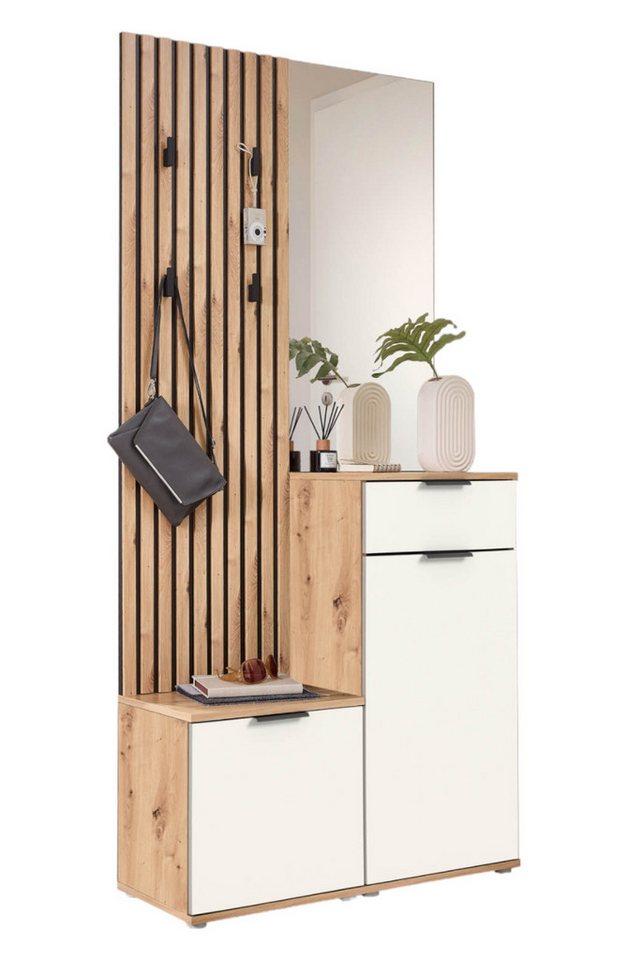 moebel-dich-auf Kompaktgarderobe EASY (Paneel + Bank + Spiegel + Schuhschrank, in 2 Farbvarianten, Lamellenoptik) 88 cm breit von moebel-dich-auf