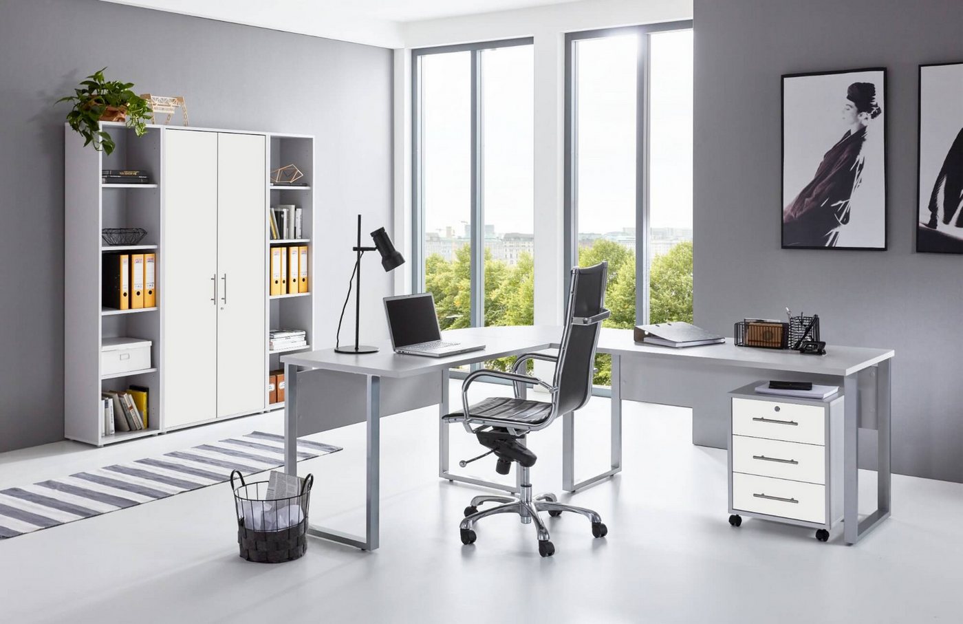 moebel-dich-auf Büromöbel-Set OFFICE EDITION Set 3, (Aktenschränke abschließbar, Winkelschreibtisch + Rollcontainer + Aktenschrank + Aktenregale), Metallgriffe von moebel-dich-auf