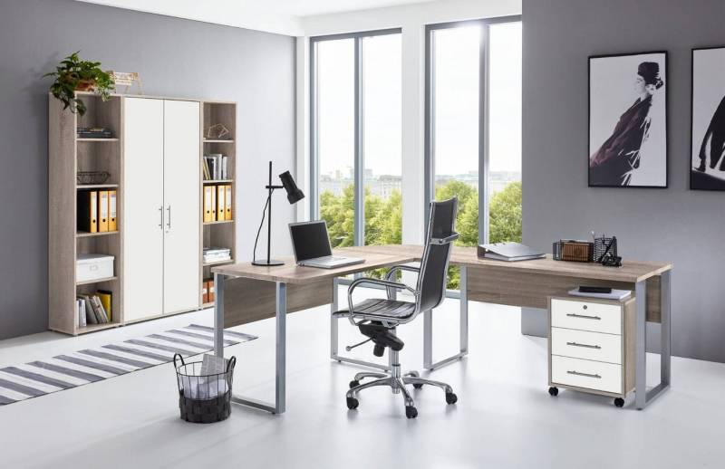 moebel-dich-auf Büromöbel-Set OFFICE EDITION Set 3, (Aktenschränke abschließbar, Winkelschreibtisch + Rollcontainer + Aktenschrank + Aktenregale), Metallgriffe von moebel-dich-auf